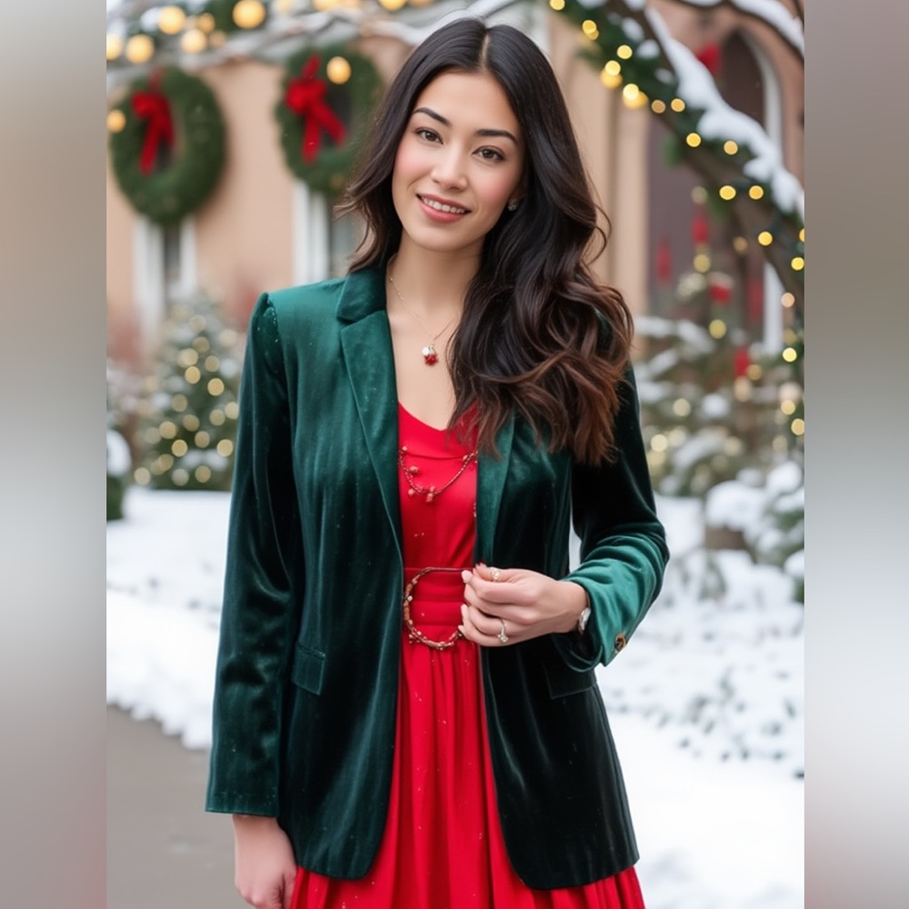 ADRIENNE VITTADINI Forest Green Velvet Blazer with Gold Buttons - Picture 2 of 12